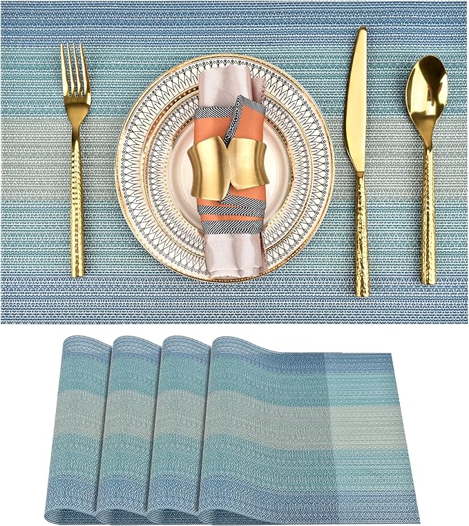 SLKQG Placemats Set of 4 - Easy Clean Washable Vinyl Placemats - Wipeable Heat Resistant Table Mats for Dining Table - 17.7x11.8 Inch (4, Blue Gradient)