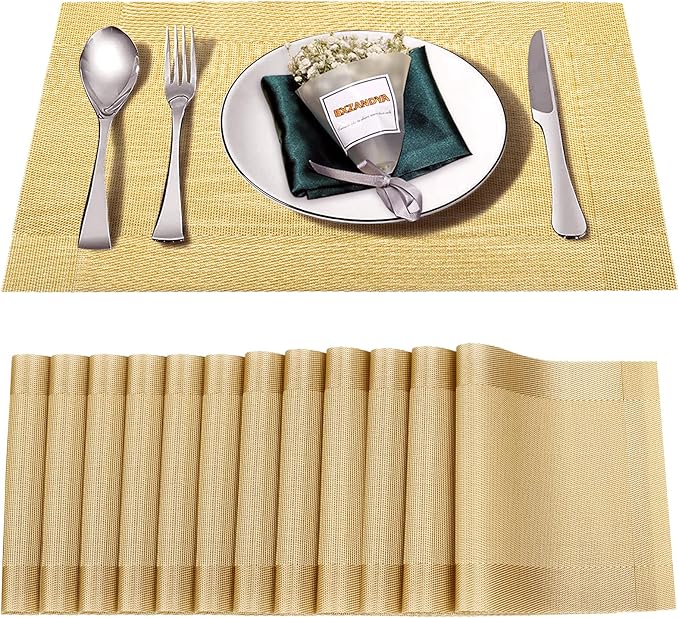 Placemats Set of 12,Washable,Heat and Stain Resistant Indoor/Outdoor Place mats,Vinyl Woven Non Slip Table Mats for Restaurant Table Protection,PVC Placemats(Gold 12PCS)