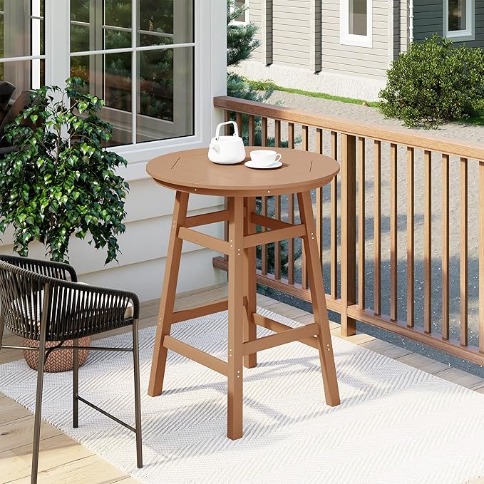 Costaelm Patio Bistro Table, 42" Counter Height Round Patio Cocktail Bar Table with Umbrella Hole, Outdoor Bistro Dining Pub Table for Front Porch Deck Backyard Garden, Teak