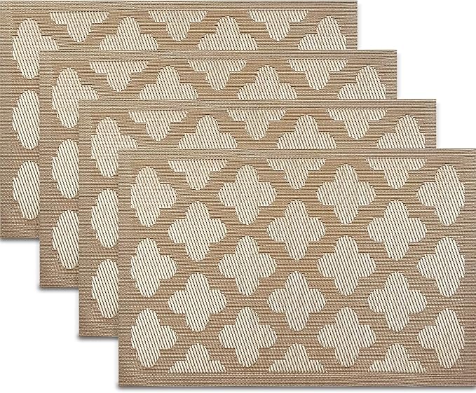 Vinyl Placemats Set of 4, Easy to Clean Plastic Washable Table Mats Heat-Resistant Placemats for Dinner Table (Gold)