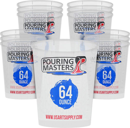 Pouring Masters 64 Ounce (2000ml) Graduated Plastic Mixing Cups (Box of 12) - Paint Mixing Cups for Epoxy Resin, Art, Kitchen, Baking - Measurements in OZ and ML, 4 Different Measuring Ratios 1:1