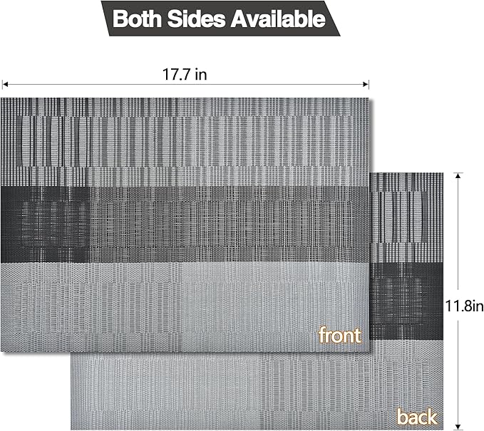 SLKQG Placemats Set of 8 - Easy Clean Washable Vinyl Placemats - Heat Resistant Placemats for Kitchen Table - PVC Table Mats for Dining Table (Black and Gray, 8)