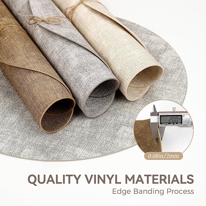 13" Round Placemats Set of 8, Reversible Faux Leather Heat Resistant Table Mats, Waterproof Oilproof Wipeable Table Protective Placemats for Vinyl, Washable for Indoor & Outdoor Use (8, Light Brown)