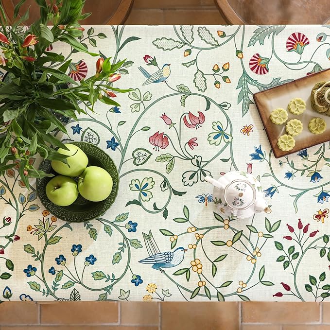 Linen Table Cloth Rectangle,Wrinkle Resistant French White and Green Tablecloth Print with Froal,Decor Stitch Table Cloth for Thanksgiving,Dining Room,Home,63" × 110"-Idaho A