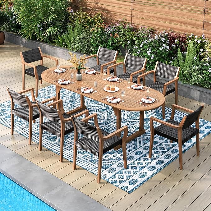 PHI VILLA Outdoor Acacia Wood Expandable Table for 6-8, Extendable Wooden Dining Table with Slat Design, Large Rectangular Farmhouse Dining Furniture for Patio, Deck, Porch, Backyard