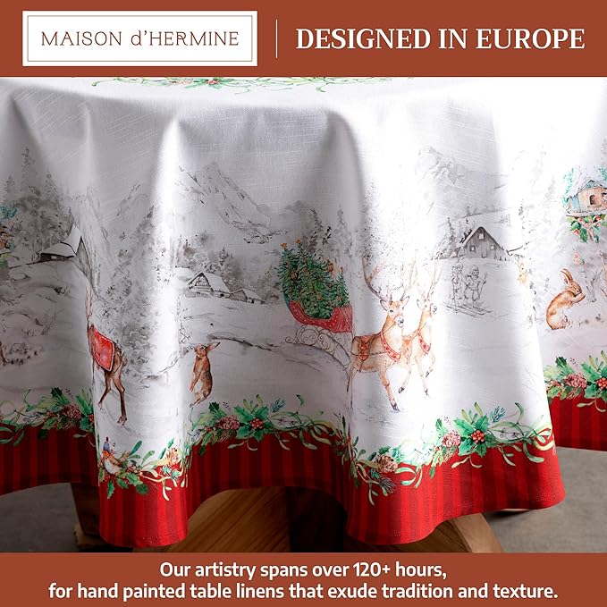 Maison d' Hermine Table Cloth Round Table 100% Cotton 69 Inches Fall Tablecloth Reusable Everyday Use for Thanksgiving Christmas Decorations Dining Farmhouse Party (Christmas Tradition)