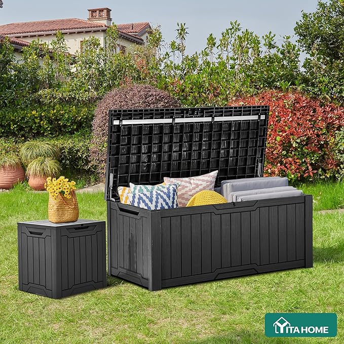 YITAHOME 120 Gallon Large Deck Box, Resin Outdoor Storage Box for Outdoor Pillows, Garden Tools and Pool Supplies, Waterproof, Lockable, Black