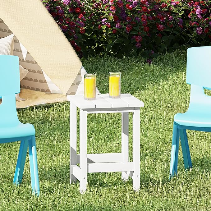 Costaelm Kids Outdoor Side Table, Small Patio HDPE Adirondack Square Table, Porch End Table for Outside Pool Garden, White