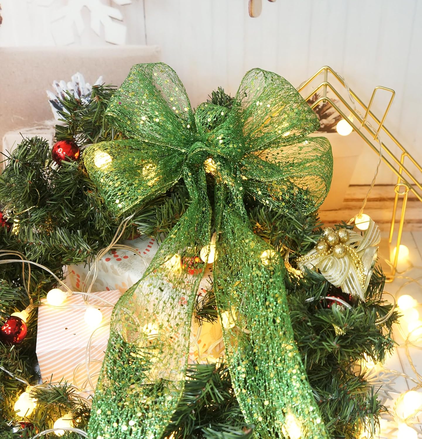 CT CRAFT LLC Sparkling Glitter Mesh Wired Ribbon 4" x 10 Yards Green for Christmas Home Decor Bow Gift Wrapping DIY Crafts Wreath