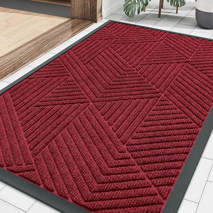 Smiry Front Door Mat Outside Entrance, Heavy Duty Sturdy Natural Rubber Doormat, Trap Dirt and Moisture, Easy Clean Low Profile Mats for Indoor Outdoor Entry, Irregular Triangle (36x24, Wine Red)