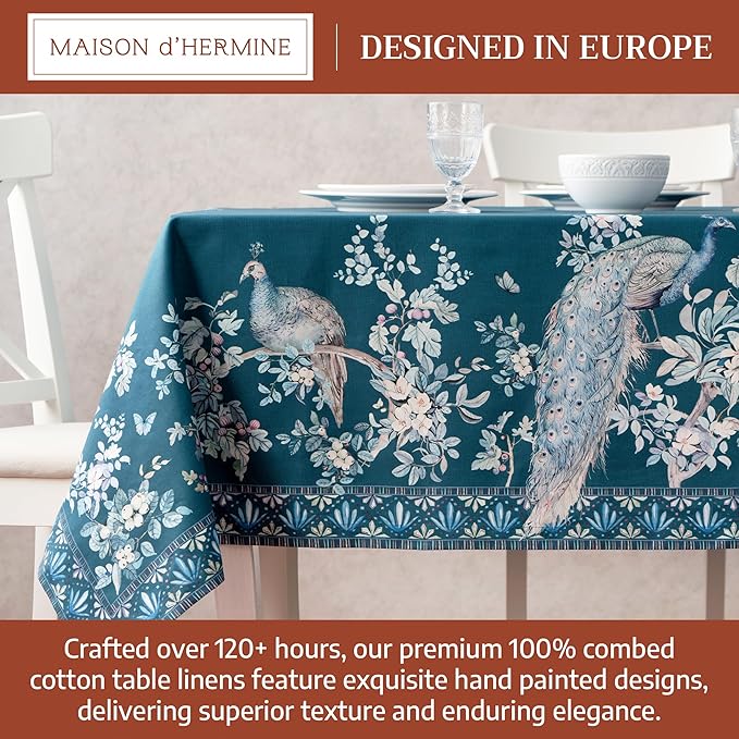 Maison d' Hermine Premium Table Cloth Square Table 100% Combed Cotton 70 x 70 Inches Tablecloth Reusable Decorative for Dining Room, Farmhouse, Party, Festive & Wedding - Peacock Utopia - Deep Sea