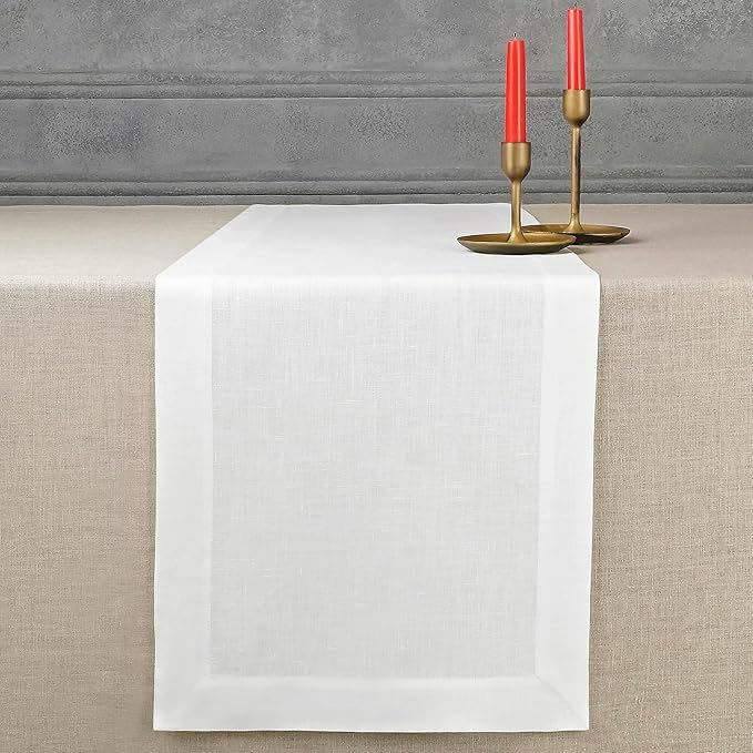 D'Moksha Homes Linen White Table Runner 90 Inches Long - 100% Pure Linen 14 x 90 Inch Table Runner for Dining, Valentines, Holiday - Machine Washable