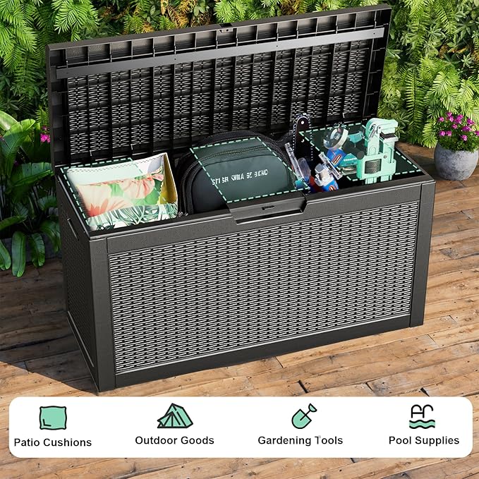 60 Gallon Deck Box,Resin Outdoor Storage Box with Lockable for Patio Furniture, Pool Accessories, Garden Tools, Waterproof Outside Storage Box, Black