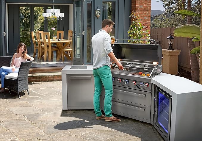 Mont Alpi 805 6-Burner 115000 BTU MAi805-D45FC U-shaped Stainless Steel Deluxe Modular Outdoor Kitchen BBQ Island Grill + Fridge Cabinet - 2 Infrared Burners, White Granite Countertops, Rotisserie Kit