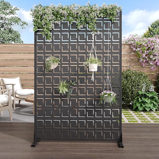 Casaphoria 72" H x 47" W Metal Privacy Screen, Outdoor Freestanding Decorative Divider for Patio, Deck, Balcony, and Garden with Stable Base, Black-Frederick