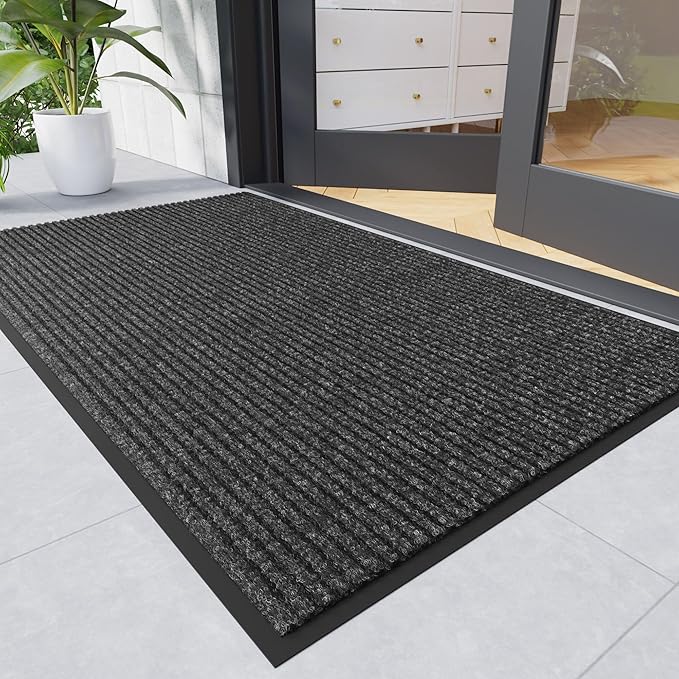 Front Door Mat, 4' x 6' Heavy Duty Indoor Outdoor Door Mat for Entryway, Commercial Door Mats Entrance, Low Profile Welcome Mats Non-Slip, Durable Rubber Backing Entry Mat for Patio, Home