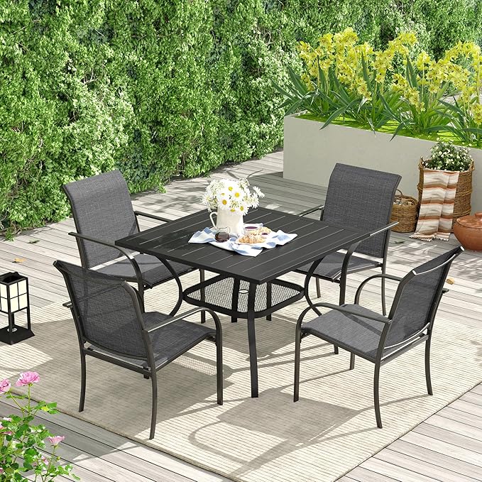 VICLLAX Patio Dining Table for 4 Square Metal Outdoor Table with Umbrella Hole and Storage Shelf for Garden Lawn Balcony Deck, Black