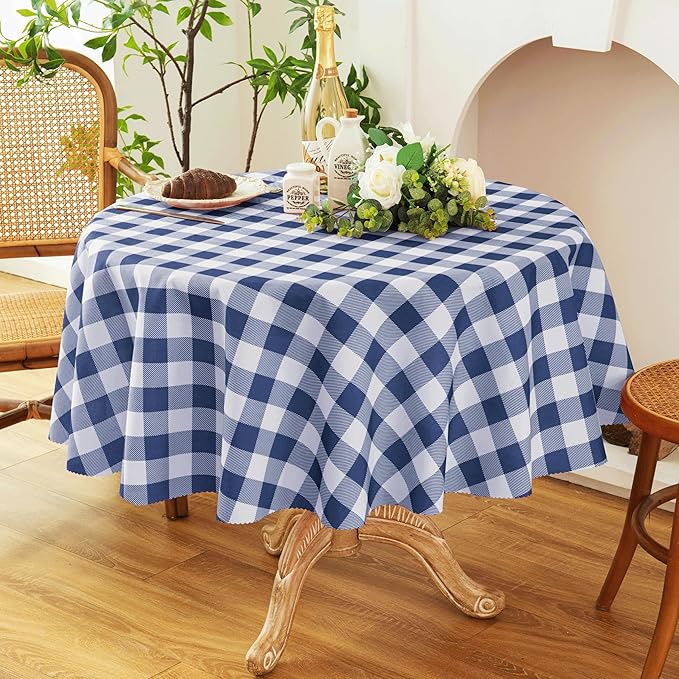 Waterproof Plaid Tablecloth Fabric - Round 58 Inch Classic Gingham Checker Table Cloth for Indoor/Outdoor Use - Buffalo Table Cover for Picnics, BBQs, and Parties
