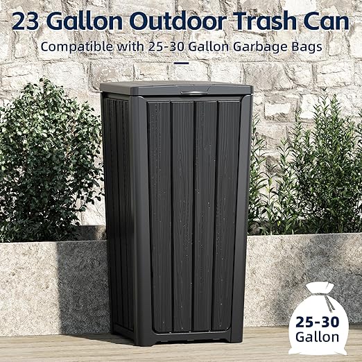 23 Gallon Outdoor Trash Can Waterproof Resin Garbage Can with Lid Outside Trash Bin for Porch Backyard, Deck, Patio, Kitchen Trash Can