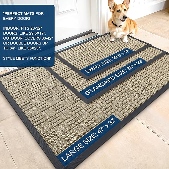 OLANLY Front Door Mat Outside Entrance 33x21, Absorbent, Heavy Duty Sturdy Natural Rubber Doormat Indoor Outdoor, Stain and Fade Resistant, Non-Slip Backing Low Profile Floor Mat for Entryway, Beige