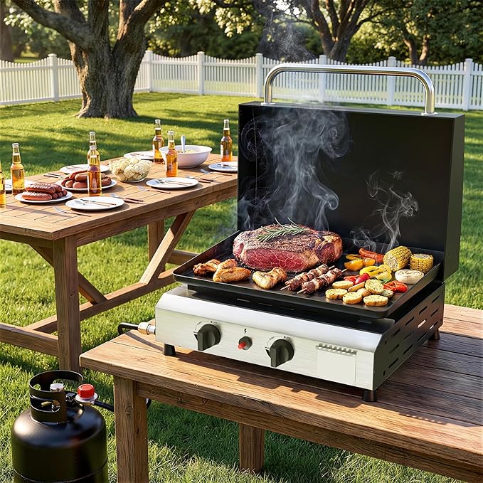 2 Burner BBQ Gas Griddle with Hood, 17.3 Inch Stainless Steel Portable Detachable Propane Griddle, 30,000 BTU Flat Top Barbecue Grill with Lid for Camping