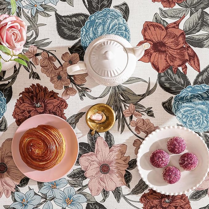 Designer French Linen Small Tablecloth for Rectangle Table,Red and Blue Floral Durable Tablecloths,Decor Table Cover for Kitchen,Dining,Thanksgiving,Home,55" × 71"-Burgundyred