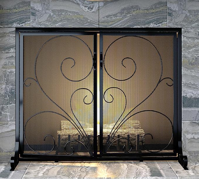 Flat Fireplace Screen with Doors,Solid Wrought Iron Frame with Metal Mesh, Flat Panel Decorative Fireplace Screen with Scroll Design, Free Standing Spark Guard
