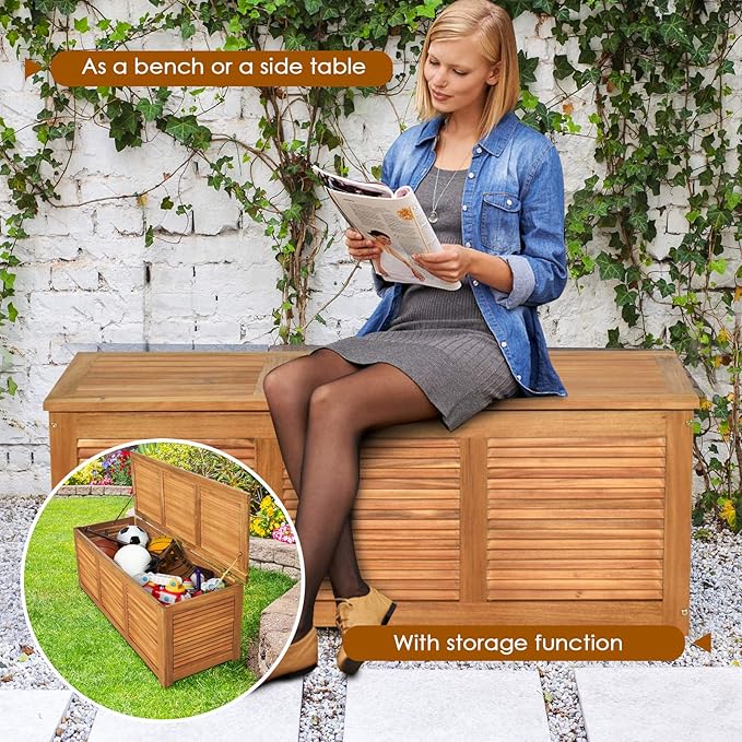 HAPPYGRILL 46 Gallon Acacia Wood Deck Box, Outdoor Storage Box Garden Tools Box Container for Patio Garden Garage