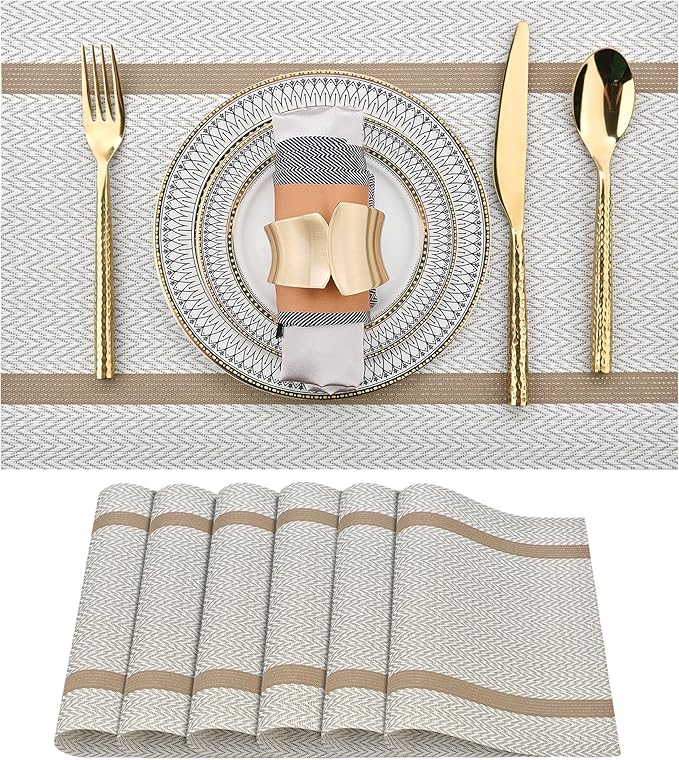 SLKQG Beige White Placemats Set of 6 - Easy Clean Modern Durable Washable Vinyl Place Mats - Heat Resistant Placemats for Kitchen Table - PVC Table Mats for Dining Table (Beige White with Stripes, 6)