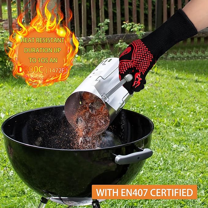 BBQ Fireproof Gloves, Grill Cut-Resistant 1472°F Heat Resistant Gloves, Non-Slip Silicone Oven Gloves, Kitchen Safe Cooking Gloves for Oven Mitts,Barbecue,Cooking, Frying,13.8 Inch-Red