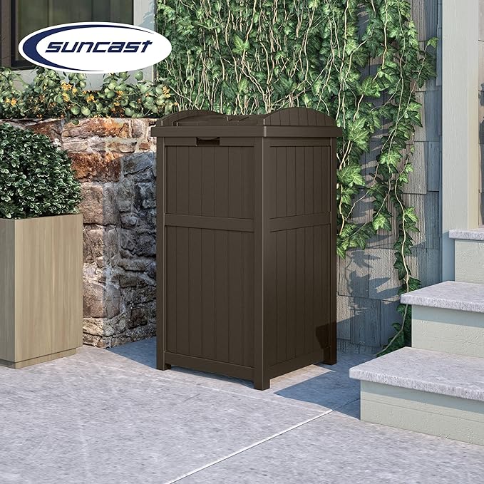Suncast 5 Pack 33 Gallon Durable Plastic Hideaway Outdoor Garbage Can with Secure Lid & Wicker Design for Home Backyards, Decks, or Patios, Java Brown
