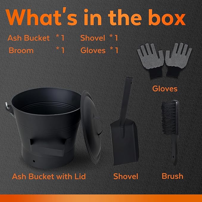 Ash Bucket with Lid and Shovel, 2.6 Gallon Metal Fireplace Ash Bucket with Broom, Complete Fireplace Tools Set for Wood Stove and Fireplace