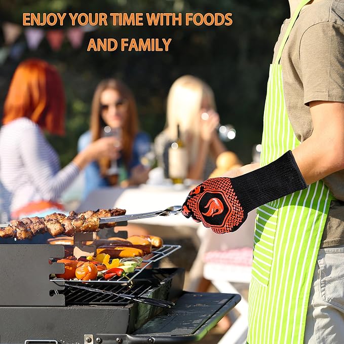 BBQ Fireproof Gloves, Grill Cut-Resistant Gloves 1472°F Heat Resistant Gloves, Non-Slip Silicone Oven Gloves, Kitchen Safe Cooking Gloves for Oven Mitts,Barbecue,Cooking, Frying,13.5 Inch-Orange