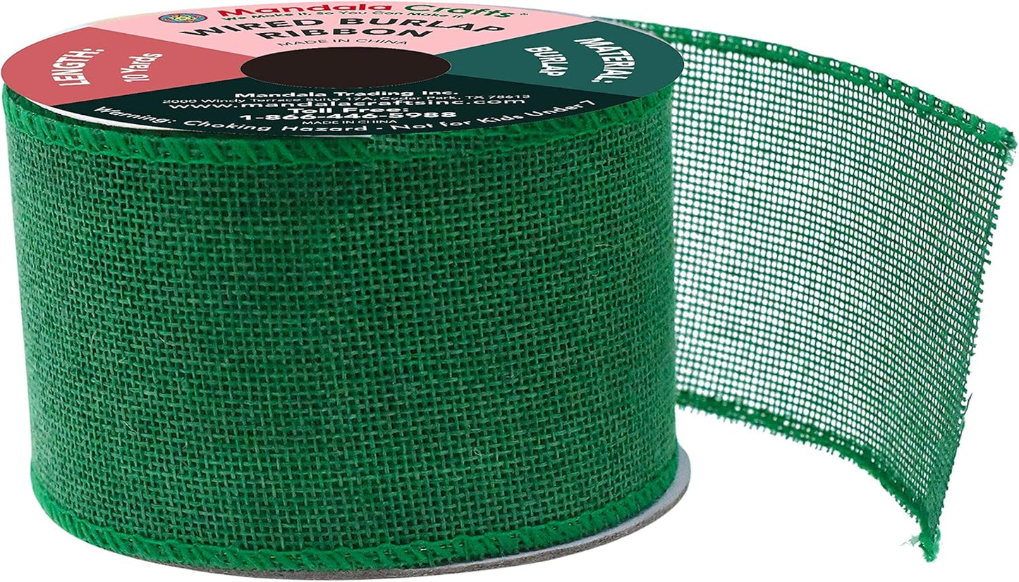 Mandala Crafts Green Burlap Wired Ribbon 2.5 Inches Wide Jute Ribbons for Crafts - 10 Yds Roll Rustic Burlap Wrap Trim Ribbons for Wreaths Bows Party Decoration