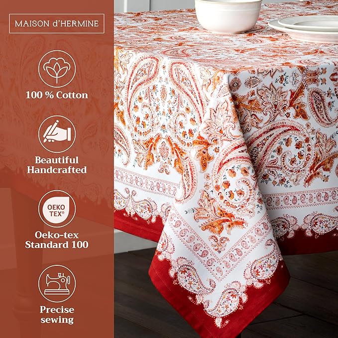 Maison d' Hermine Table Cloth Rectangle Table 100% Cotton 60 x 90 Inches Fall Tablecloth Reusable Everyday Use for Thanksgiving Christmas Decorations Dining Farmhouse Party (Orient)
