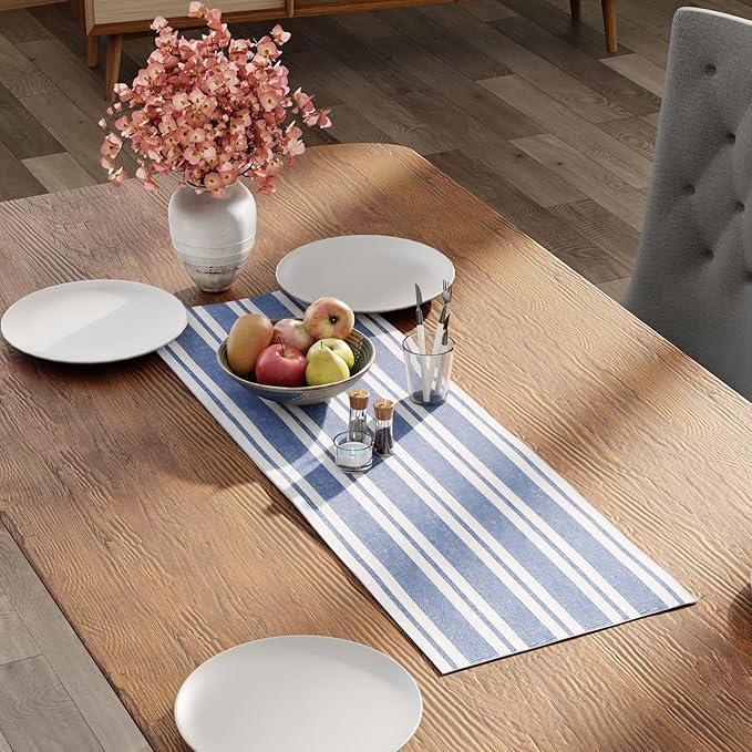 Encasa XO Cotton Dining Table Runner | Franca Blue Stripes | Size 13x36 in - Machine Washable & Durable