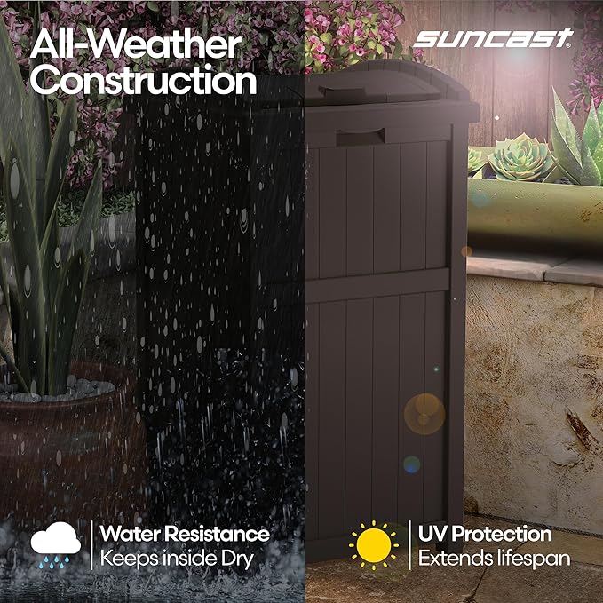 Suncast 33 Gallon Durable Plastic Hideaway Outdoor Garbage Can with Secure Lid and Wicker Design for Home Backyards, Decks, or Patios, Java Brown