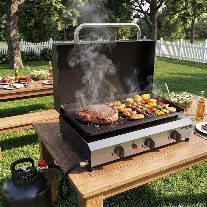 3 Burner BBQ Gas Griddle with Hood, 25.6 Inch Stainless Steel Portable Detachable Propane Griddle, 45,000 BTU Flat Top Grill with Lid for Camping, Silver