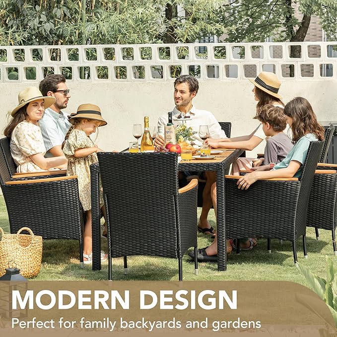Devoko Outdoor Patio Dining Sets 9 Pieces Wicker Outdoor Dining Table and Chairs Set with Acacia Wood Table Top and Widened Armrests for Backyard, Garden, Deck (Black)