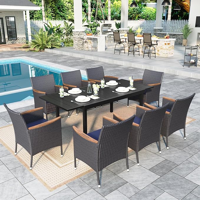 Sophia & William 9 Pieces Patio Dining Set for 8 People, Expandable Rectangular Outdoor Table and 8 Pcs Rattan Chairs, All Weather Metal Patio Table and Chairs Set