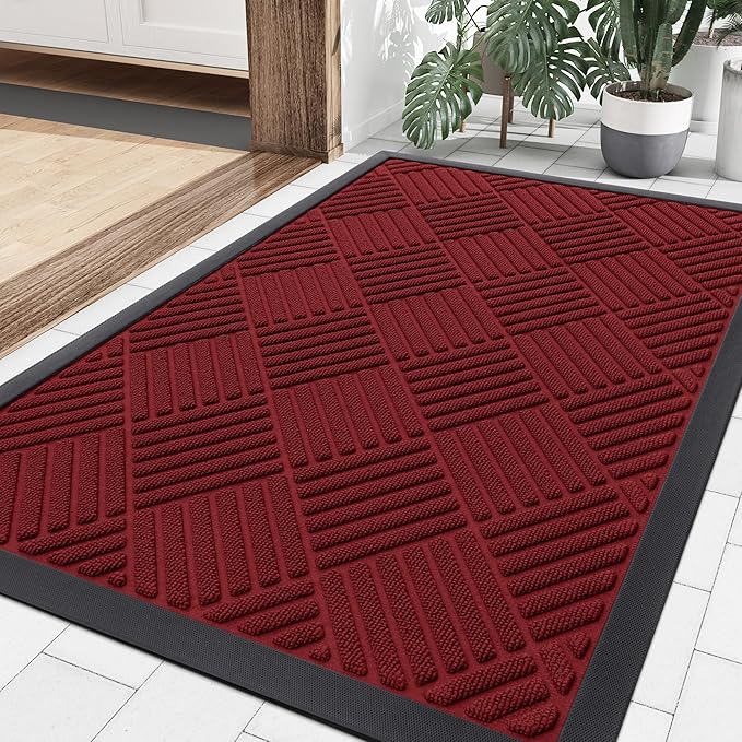 Smiry Front Door Mat Outside Entrance, Heavy Duty Outdoor Indoor Mat, Natural Rubber Doormat, Non Slip, Trap Dirt and Moisture, Easy Clean, Low Profile Patio Porch Entryway Mat, 35x23, Wine Red