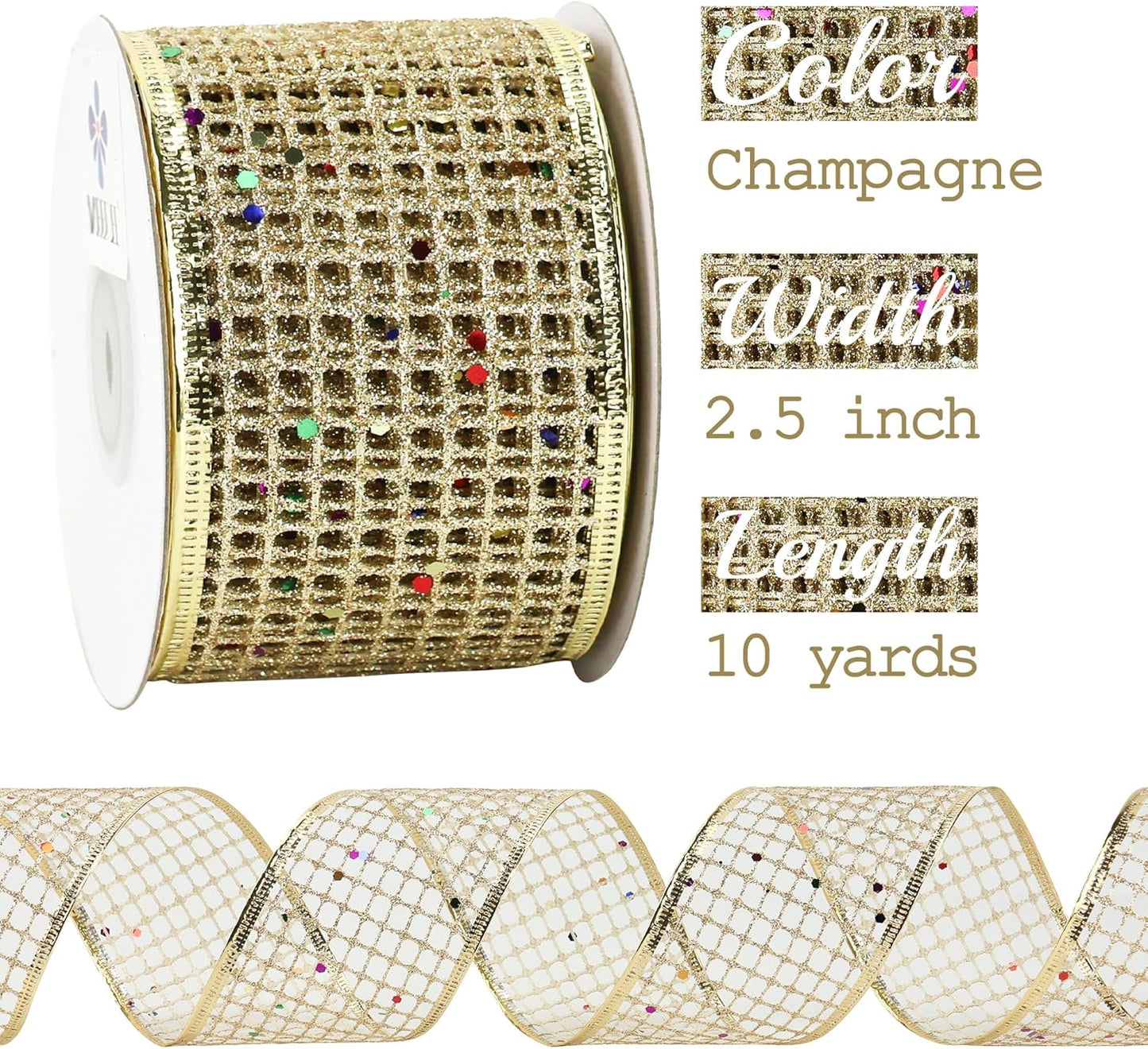 MEEDEE Champagne Gold Glitter Ribbon - 2.5 Inch Square Mesh Net Wired Ribbon with Rainbow Sparkle for Christmas Tree Decoration, Wreath Bow Making (25 Yards)