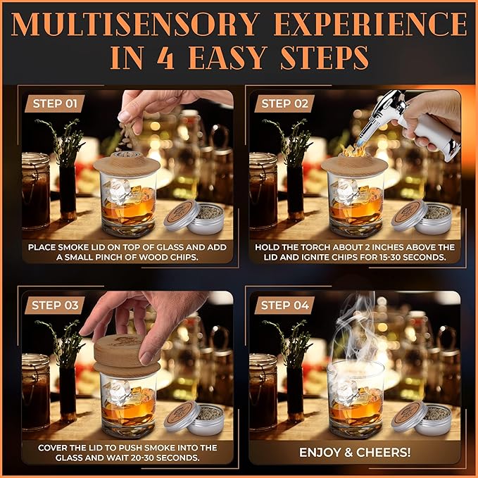 Cocktail Smoker Kit | Whiskey Smoker Kit | Bourbon Smoker kit | Old Fashioned Smoker Kit for Men with Stand, Torch & Wood Chips | Whiskey Gift for Men (No Butane Incl.)