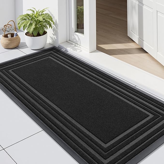 Buganda Front Door Mat Indoor Outdoor Entrance, Non-Slip Natural Rubber Doormats, Easy Clean, Low Profile, Dirt Trapper Entryway Floor Mats for Outside, Garages and Patios, 47x24, Black