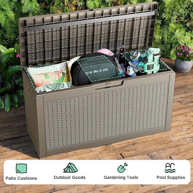 60 Gallon Deck Box,Resin Outdoor Storage Box with Lockable for Patio Furniture, Pool Accessories, Garden Tools, Waterproof Outside Storage Box, Grey