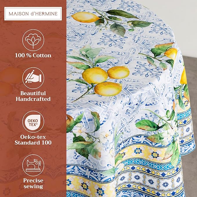 Maison d' Hermine Table Cloth Round Table 100% Cotton 69 Inches Tablecloth Reusable Decorative Everyday Use for Dining Room, Farmhouse, Home, Party, Festive & Wedding Spring Summer - Citrus