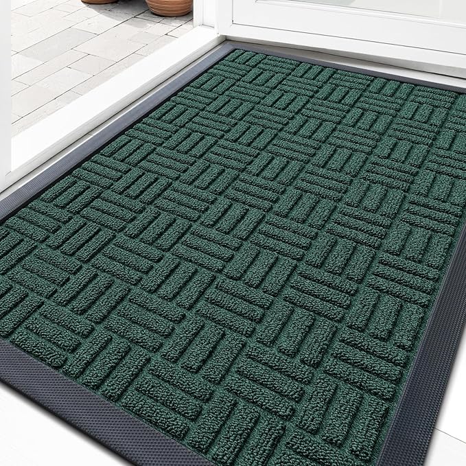 OLANLY Front Door Mat Outside Entrance 29.5x17, Absorbent, Heavy Duty Sturdy Natural Rubber Doormat Indoor Outdoor, Non-Slip, Stain and Fade Resistant, Low Profile Floor Mat for Entryway, Black Green