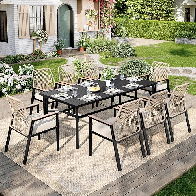 Outdoor Patio Dining Table for 8, 83" x 39" Rectangular Metal Patio Dining Table with 1.7" Umbrella Hole, All Weather Wrought Iron Black Outdoor Table for Garden, Backyard and Porch