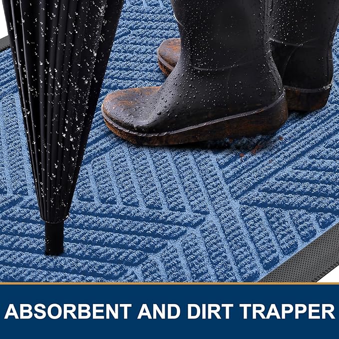 Smiry Front Door Mat Outside Entrance, Heavy Duty Sturdy Natural Rubber Doormat, Trap Dirt and Moisture, Easy Clean Low Profile Mats for Indoor Outdoor Entry, Irregular Triangle (59x35, Blue)