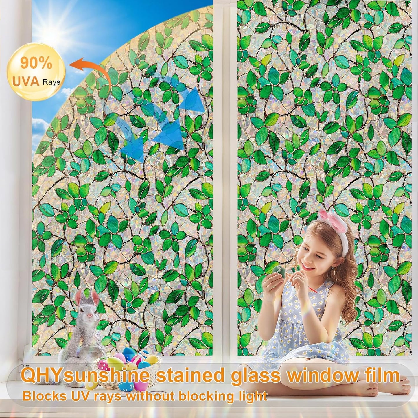 Stained Glass Window Privacy Film Decorative Rainbow Static Clings – Ideal for Home & Office, Adhesive-Free, Removable, UV-Blocking (Green Rainbow, 23.6 X 78.7 in)